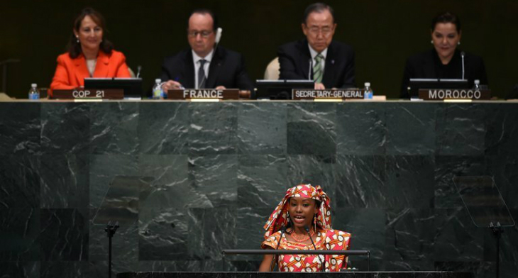 Hindou Oumarou Ibrahim spoke at the United Nations in April 2016 before the signing of the Paris climate accord. 